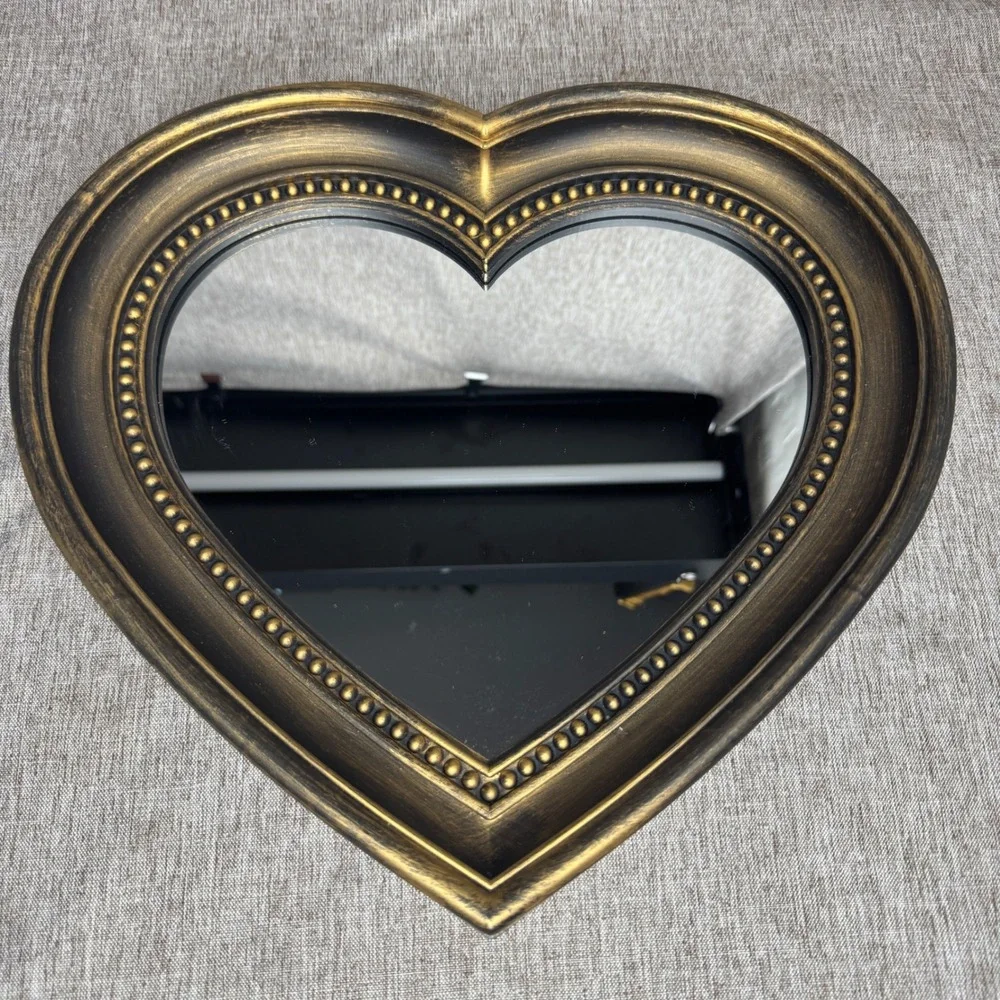 Vintage Style Heart Shaped Wall Mirror Antique Gold Beaded Frame 12 Inch